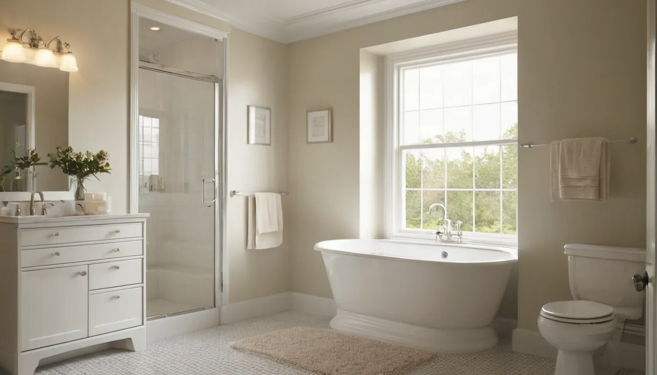 A smiling homeowner in Maryland Heights looking at a bright, accessible bathroom with a walk-in tub